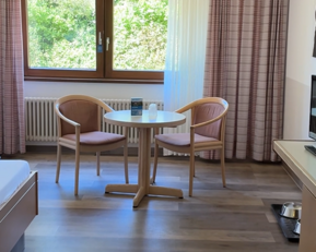 Ein helles Zimmer mit einem Bett, einem runden Tisch und zwei Stühlen. Große Fenster lassen Tageslicht herein und bieten Blick ins Grüne.